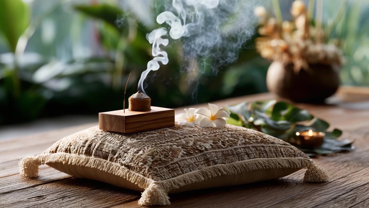 Un'esperienza aromatica tranquilla: fumo di incenso che sale sopra un elegante cuscino circondato da elementi naturali e accenti decorativi per serenità e relax.
