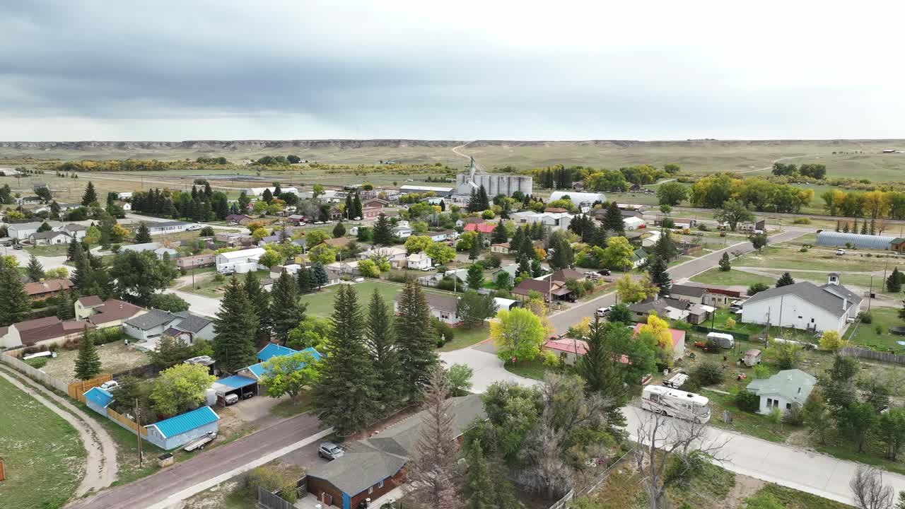 Chugwater Wyoming aerail backwards lateral dolly at 120 feet from a drone. Smooth wide angle