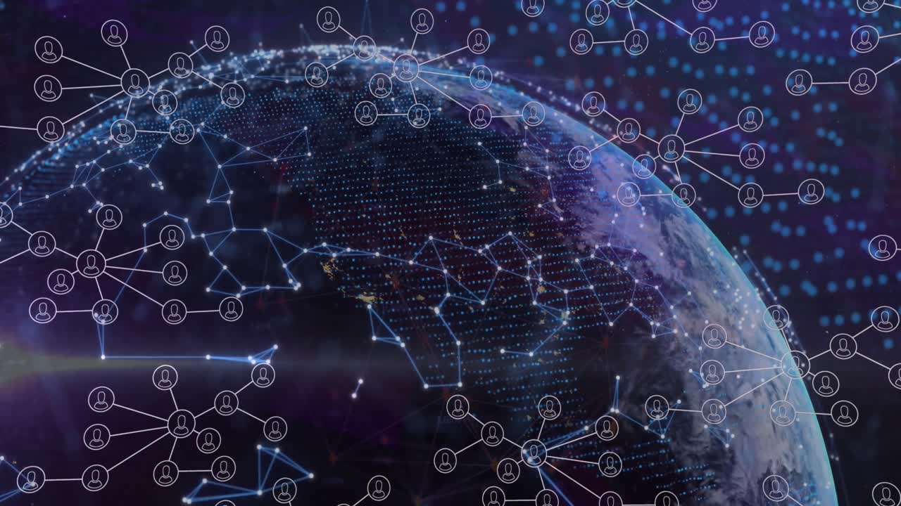 Animation of network of connections and profile icons floating against spinning globe