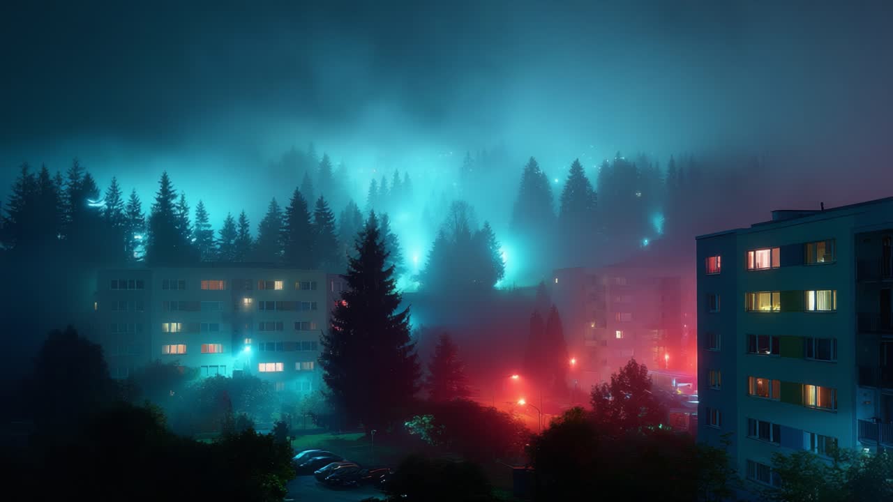 Mysterious nocturnal urban landscape shrouded in fog, illuminated by ethereal blue and red lights, revealing shadows of trees and apartment buildings in atmospheric scenery