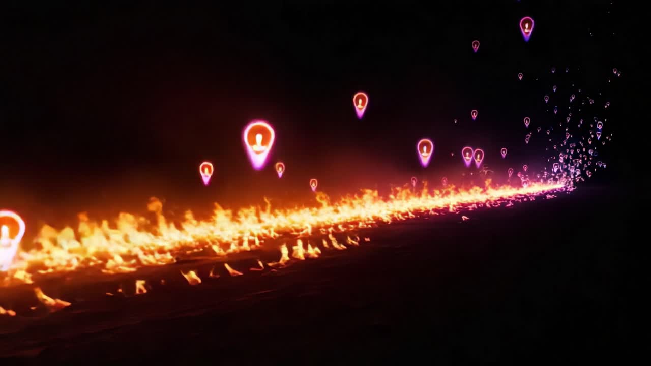 An Enigmatic Journey Through Digital Flames: A Surreal Visualization of Marked Locations, Steeped in Vibrant Fire and Luminous Symbols, Evoking Mystery and Exploration