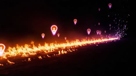 an enigmatic journey through digital flames: a surreal visualization of marked locations, steeped in vibrant fire and luminous symbols, evoking mystery and exploration