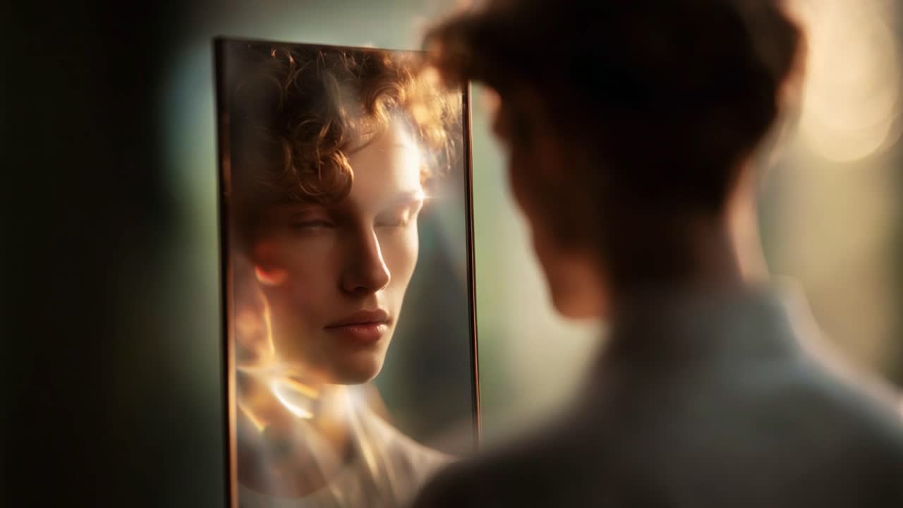 A Thoughtful Gaze: Capturing the Reflection of Inner Beauty and Contemplation Through the Soft Light and Subtle Shadows of a Mirror Scene