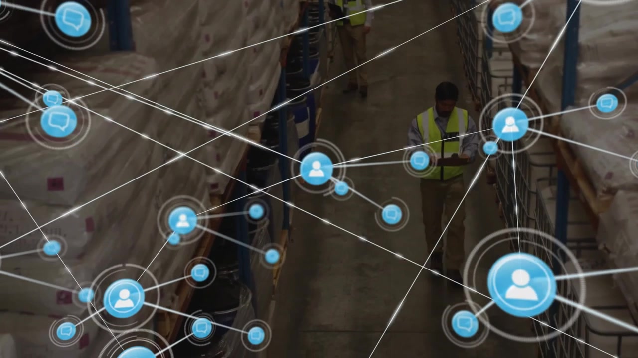 Warehouse Workers and Business Professional Walking with Digital Network Overlay