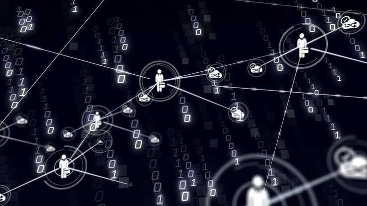 Animation showing network of connections and binary code with digital human icons