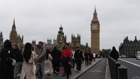 tourists visit and look at westminster parliament building with the big ben clock in london, united kingdom.