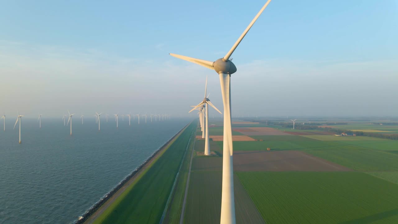 거대한 풍차 터빈, 바다에 있는 해상 풍차 농장, 웨스터메어 풍차 공원, 아름다운 밝은 날에 바다에서 고립된 풍차, 네덜란드, 플레볼랜드, 노르도오스트폴더