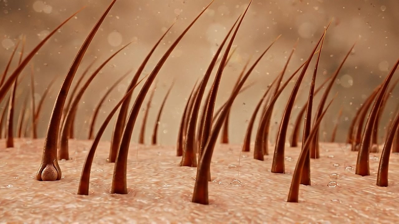 Close up human hair follicle anatomy visualization with detailed skin structure