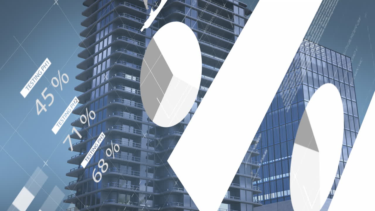 Animation of infographic interface over modern buildings against sky