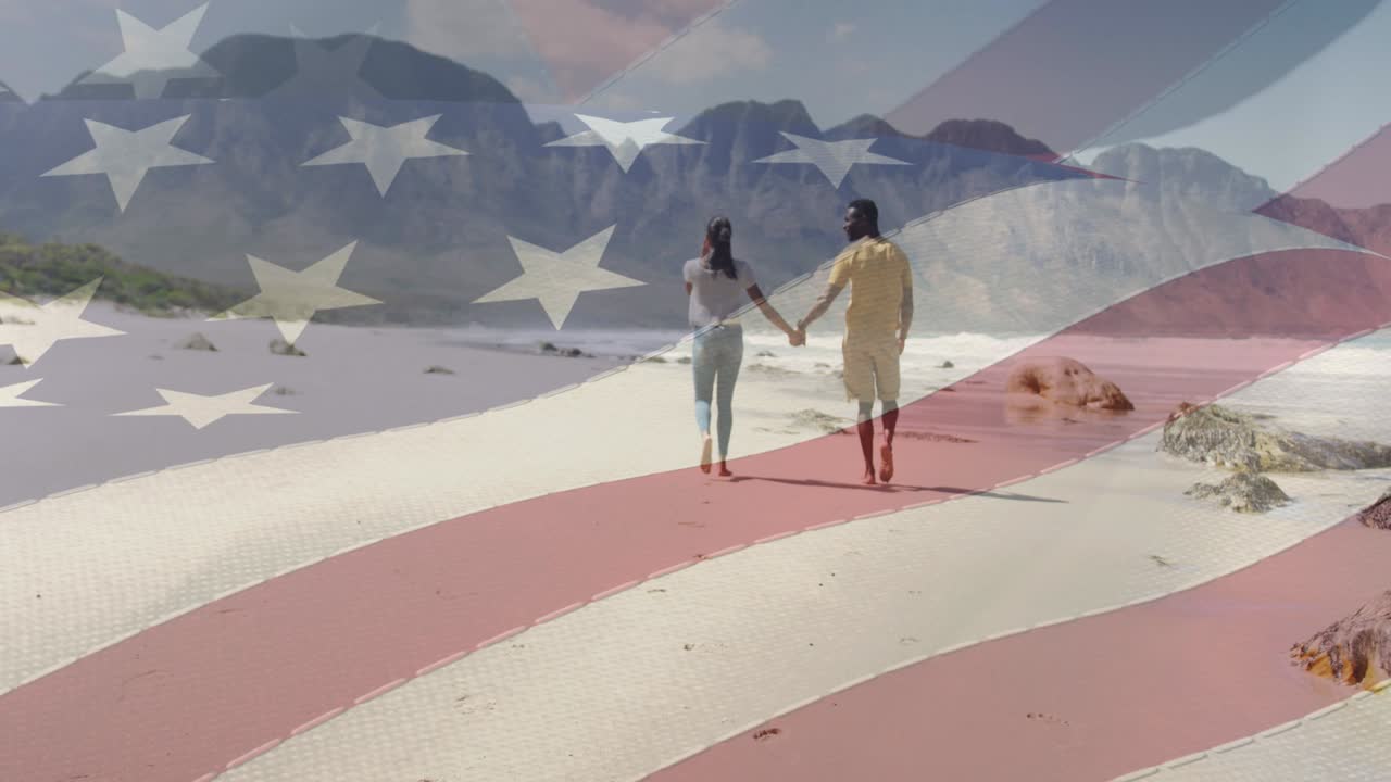 animación de la bandera estadounidense moviéndose sobre una pareja cogida de la mano y caminando por la playa