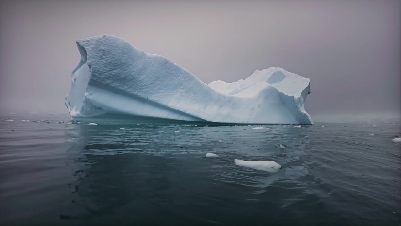 Low drone view of a large sculpted iceberg floating in the calm waters of Ilulissat Icefjord in West Greenland featuring arctic ice and polar seascape