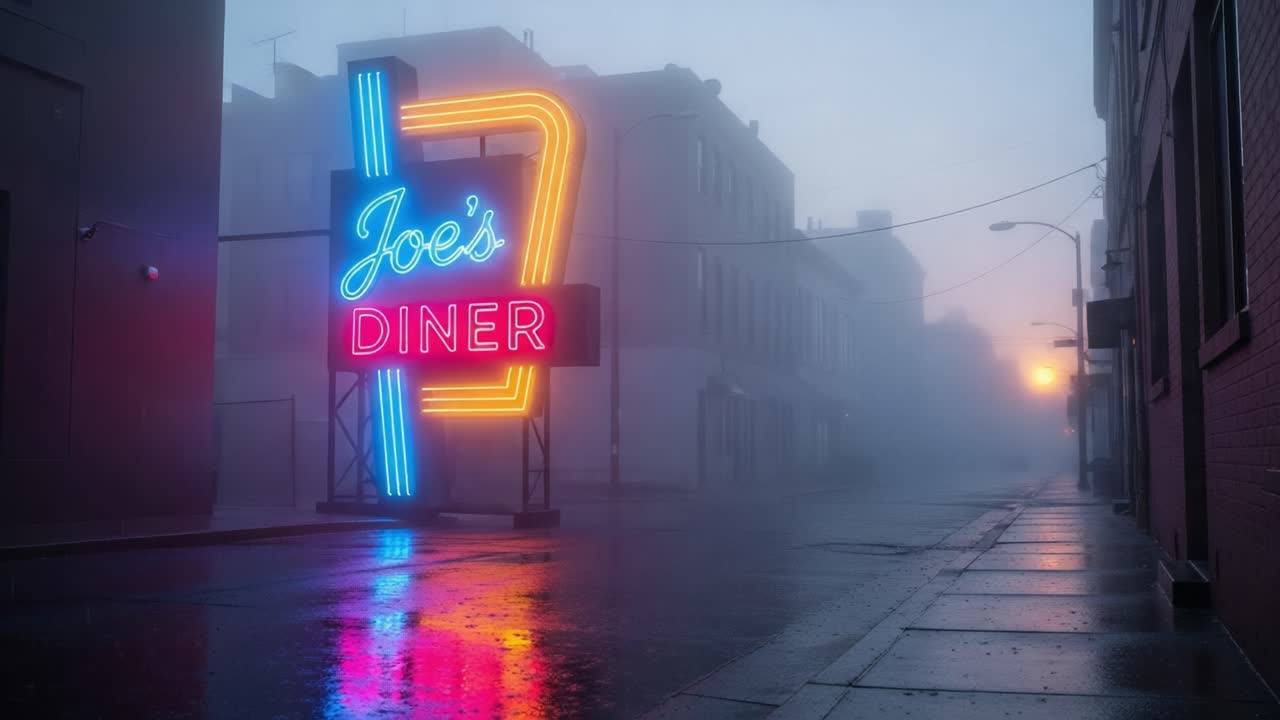A Neon Sign Illuminates a Foggy Street: Exploring the Charm and Mystery of an Abandoned Diner in the Early Morning Light