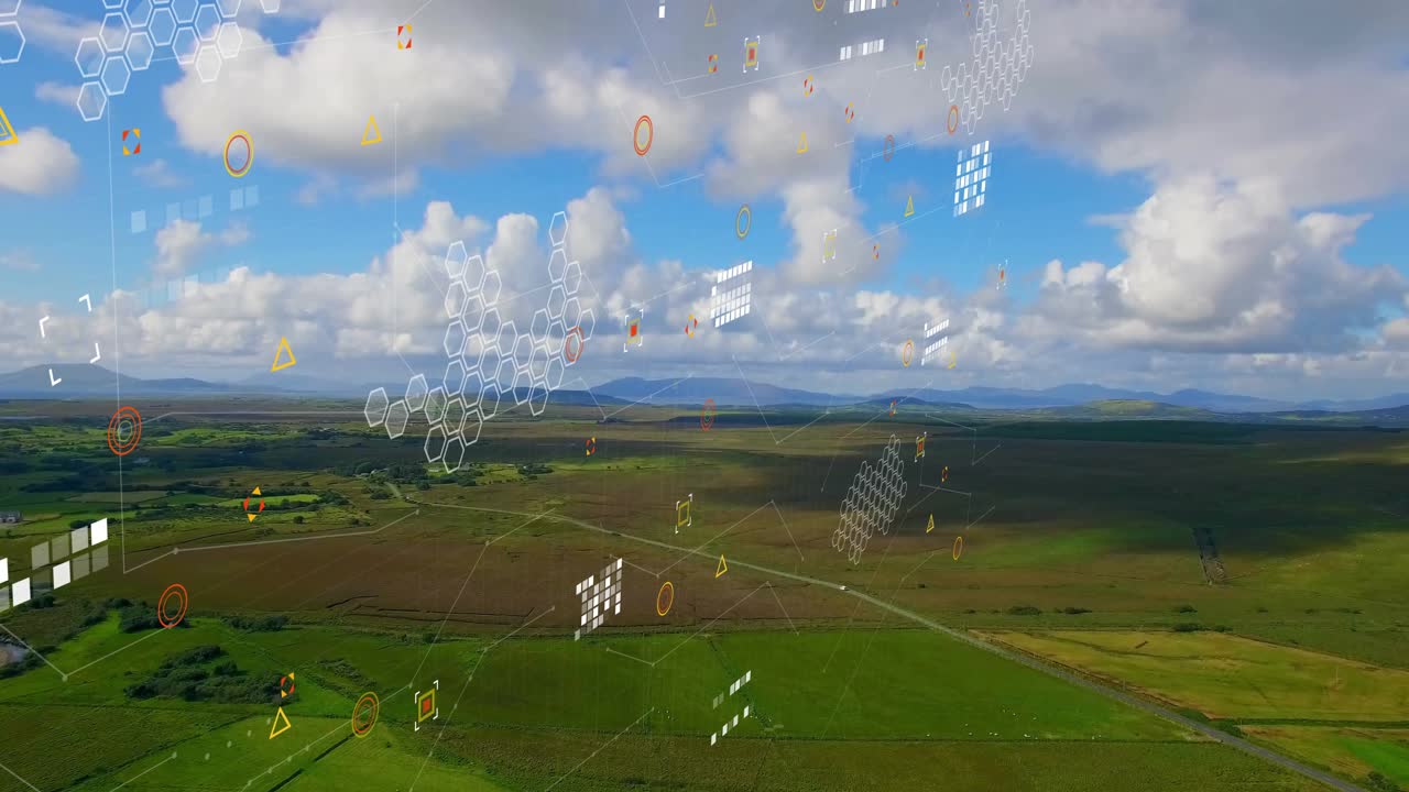 Data pulse sending translucent overlays across aerial farmland, hexagons and nodes mapping crops