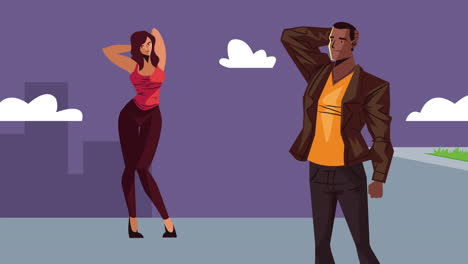 modelos interraciales posando en la calle por la noche