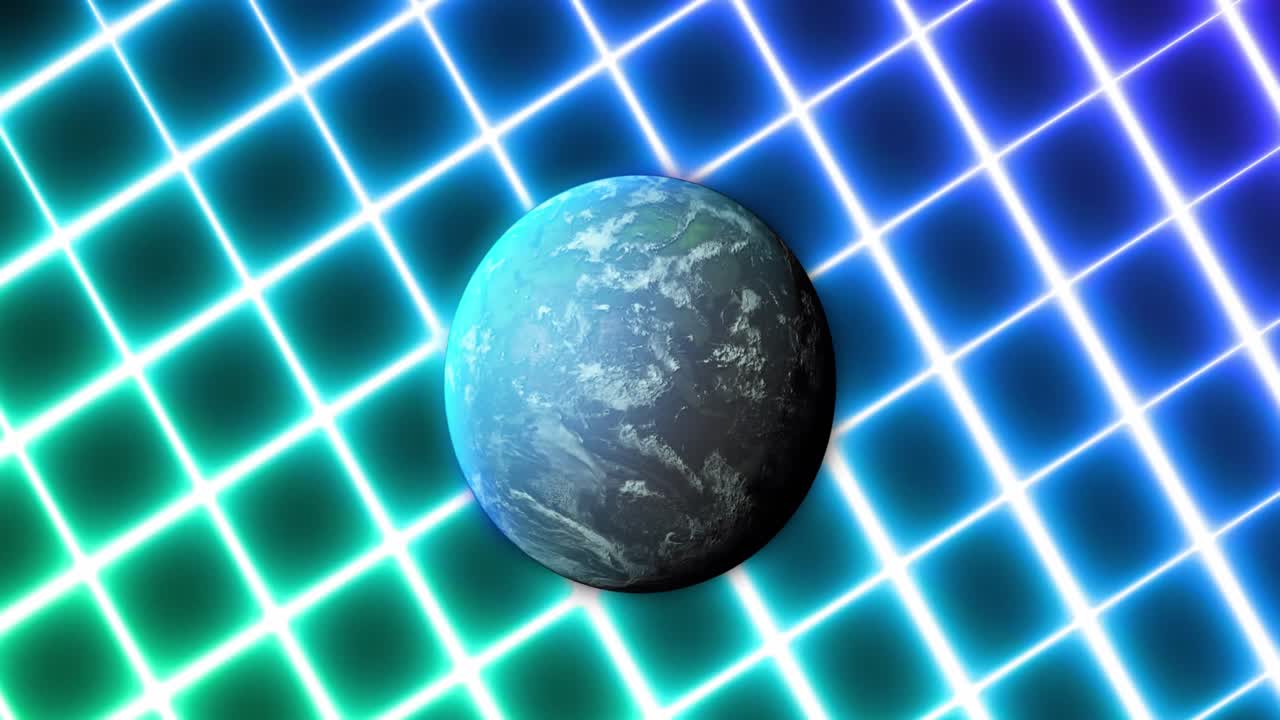 파란색에서 초록색 네온 패턴 위에서 회전하는 지구의 애니메이션