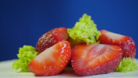 close-up of sliced strawberries on a cake