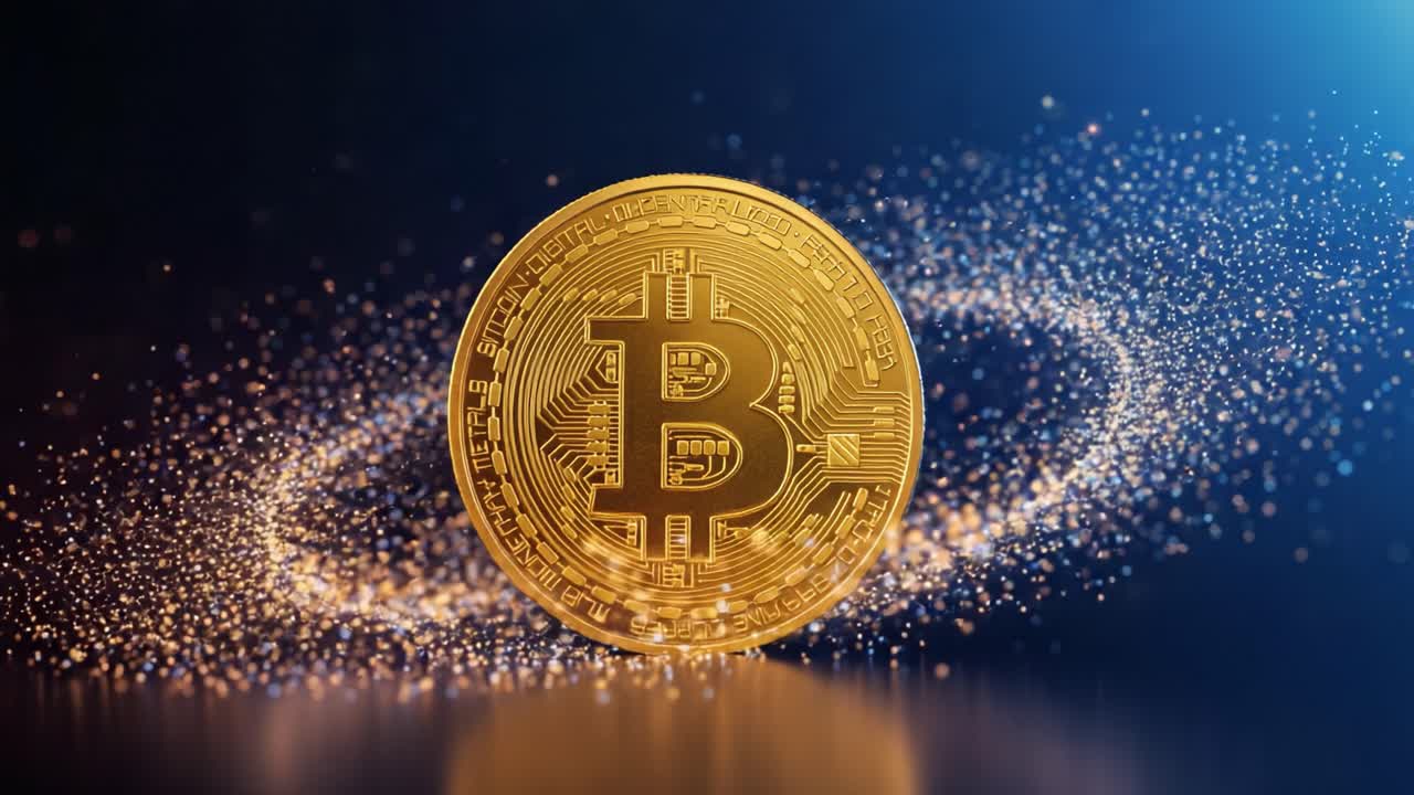 A Stunning Visual of Bitcoin: The Golden Cryptocurrency Coin Surrounded by Sparkling Lights Representing Digital Wealth and Innovation in the Financial Sphere
