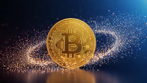 a stunning visual of bitcoin: the golden cryptocurrency coin surrounded by sparkling lights representing digital wealth and innovation in the financial sphere