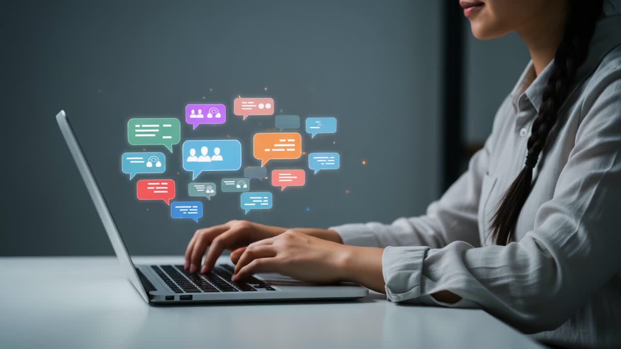 Engaging in Online Communication: A Profile View of a Person Typing on a Laptop Surrounded by Colorful Speech Bubbles Representing Digital Conversations
