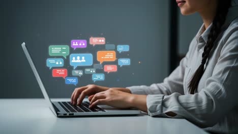 engaging in online communication: a profile view of a person typing on a laptop surrounded by colorful speech bubbles representing digital conversations