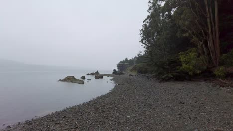 toma fija de una tranquila playa de guijarros durante la lluvia y niebla que cubre el área de agua, california.