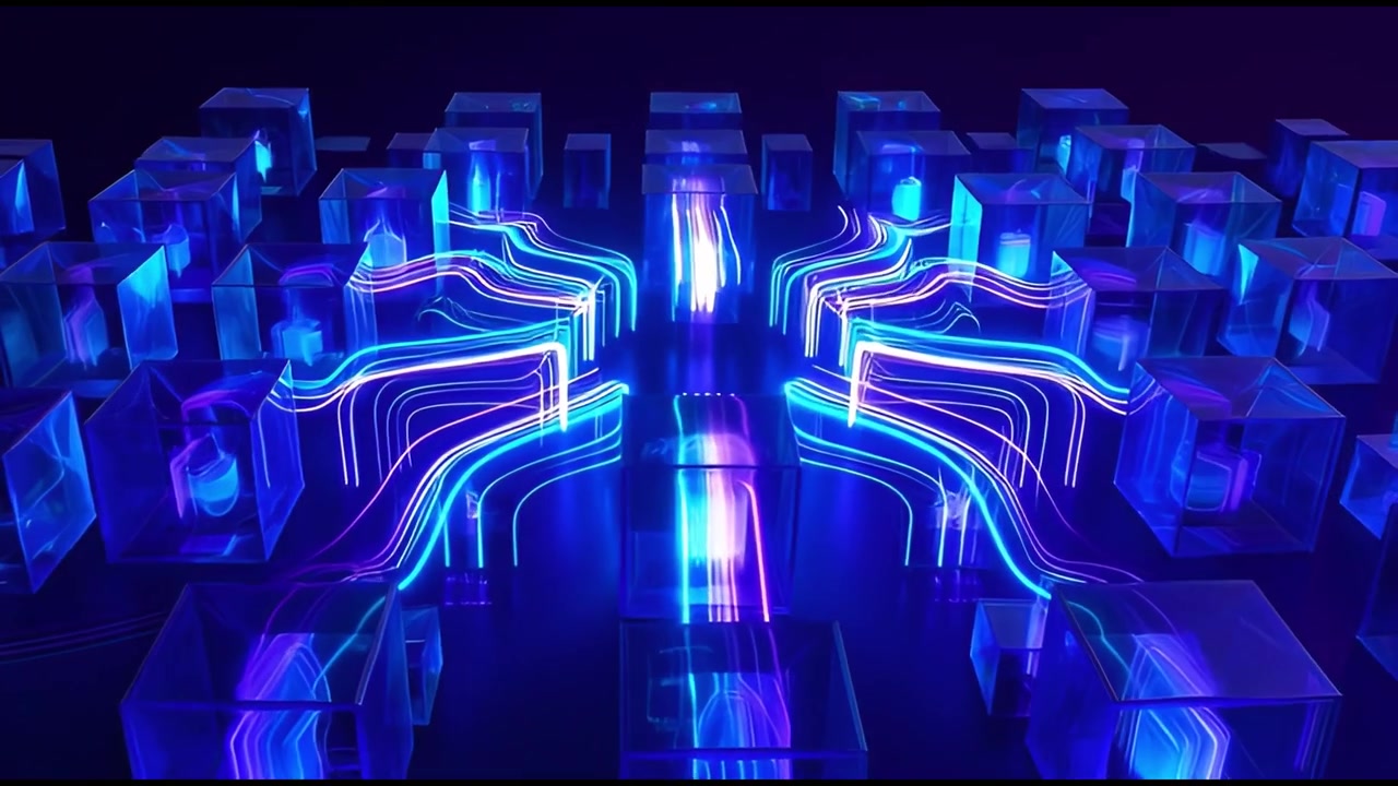 Abstract Digital Network Connecting Glowing Data Cubes in Cyberspace
