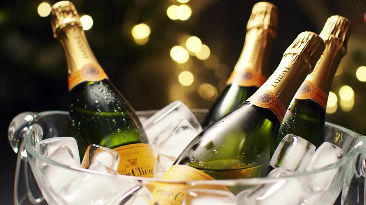 Celebrate Special Moments with Chilled Champagne Bottles in a Bucket Surrounded by Ice and Warm Bokeh Lights Creating a Festive Atmosphere.