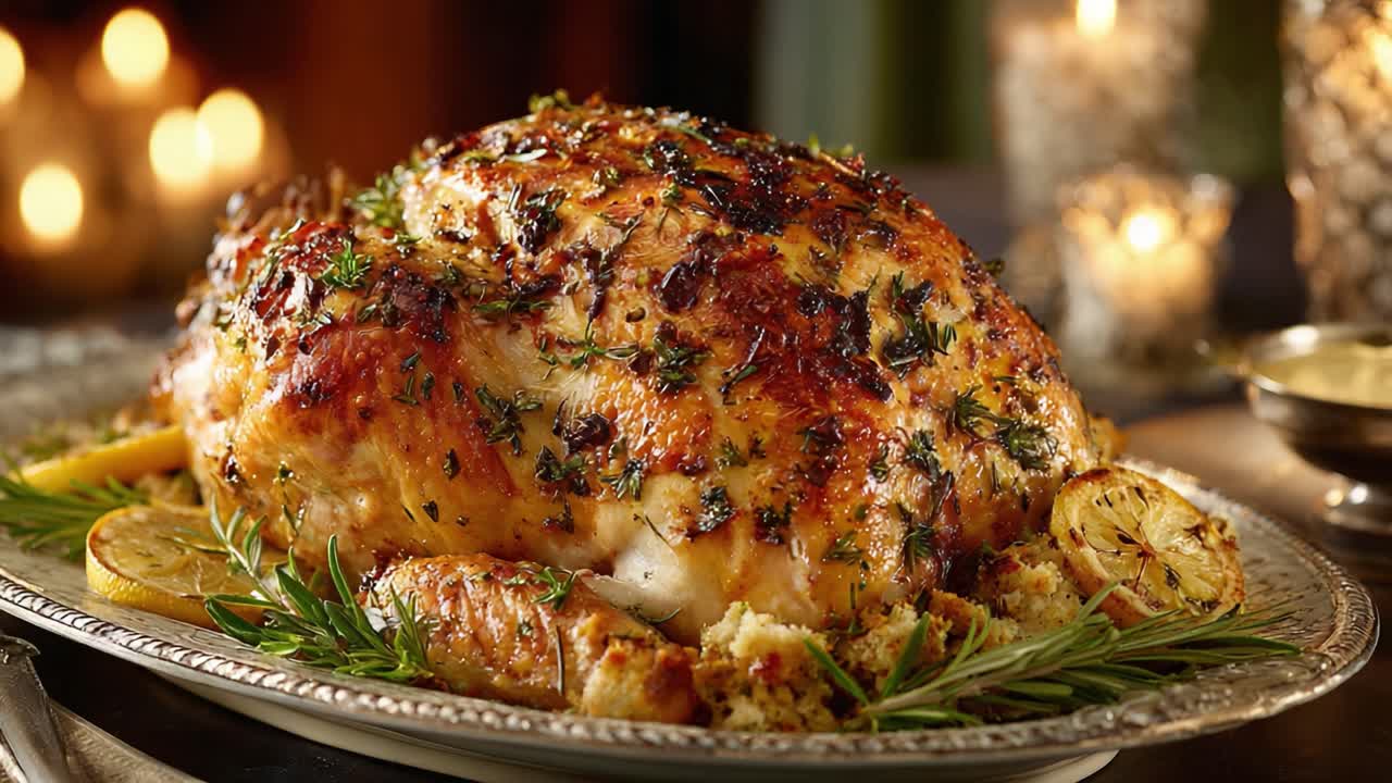Pollo arrosto succulento guarnito con erbe fresche e agrumi aromatici, cotto alla perfezione fino a doratura su un piatto da portata decorativo