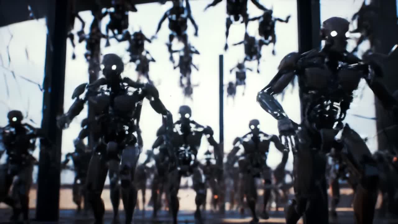 A Futuristic Scene Filled with Swarming Robots in a Complex Environment, Showcasing Advanced Technology and Mechanics in Action