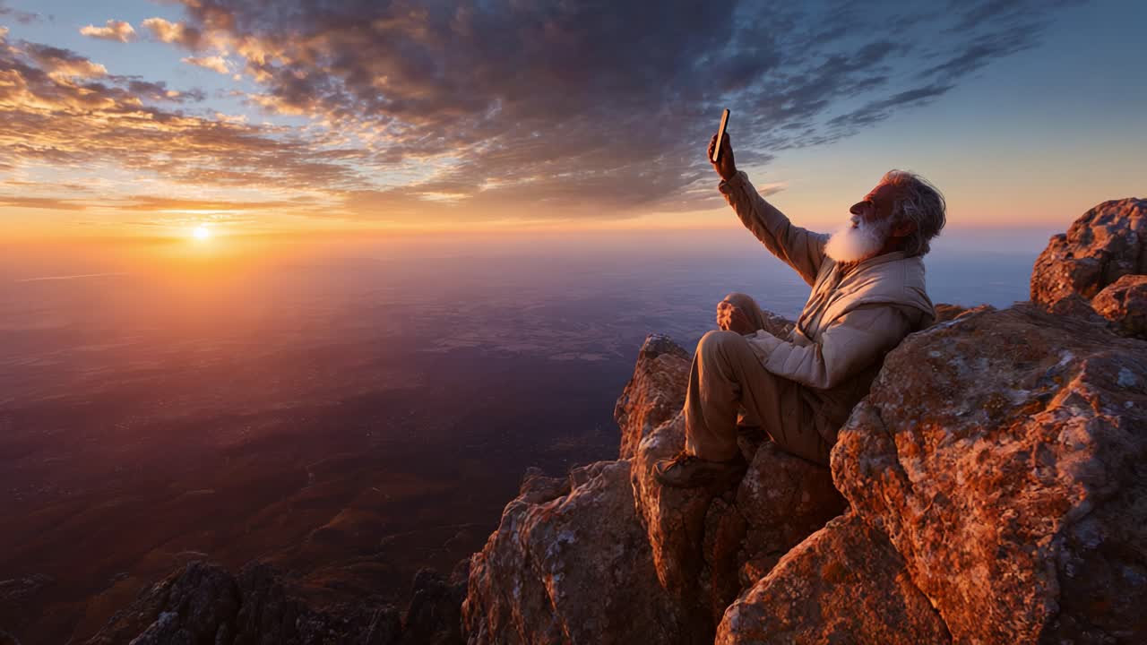 An Elderly Man Enjoying a Breathtaking Sunset from a Rocky Mountain Peak, Capturing the Moment with His Phone and Immersed in Nature's Beauty and Tranquility