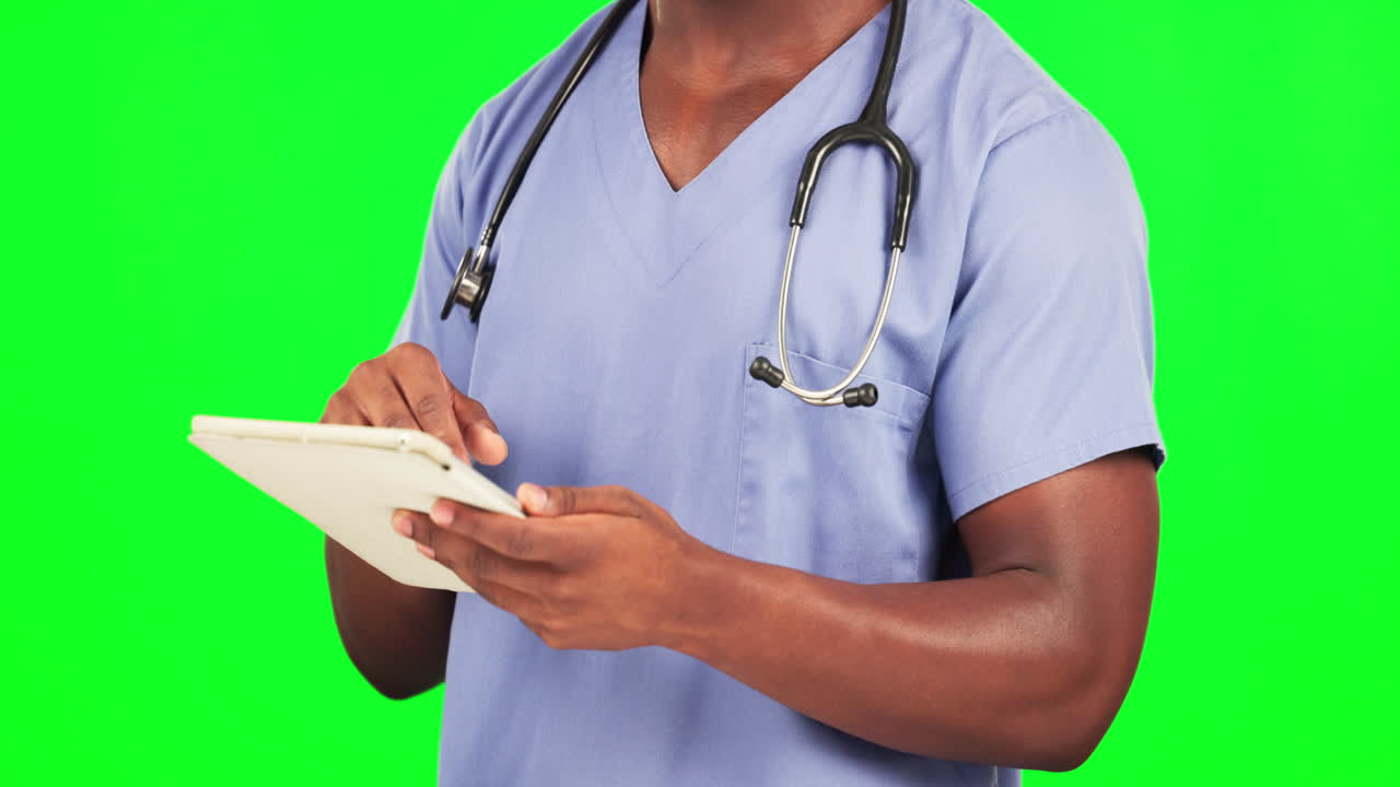 Black man, doctor hands and tablet on green