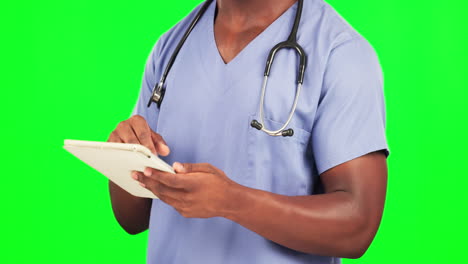 Black-man,-doctor-hands-and-tablet-on-green