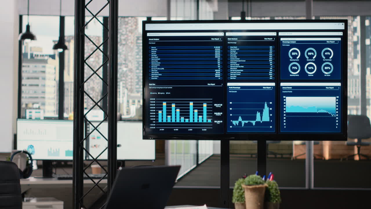 Vertical Video Quiet corporate space equipped with a laptop and performance reports