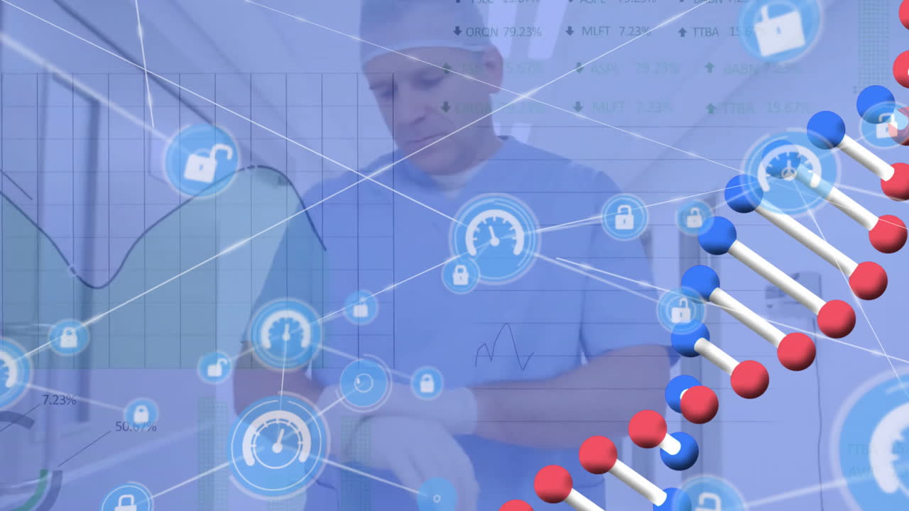 анимация цепи днк и обработка научных данных над кавказским мужчиной-хирургом