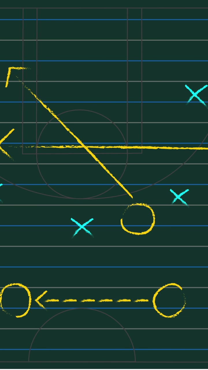 Animazione di un piano strategico di gioco di calcio che mostra le formazioni disegnate su una lavagna verde.
