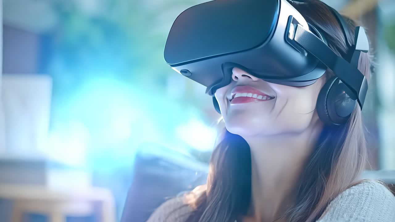 Una donna che indossa un auricolare di realtà virtuale sorride alla telecamera