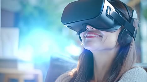 una mujer con auriculares de realidad virtual sonríe a la cámara