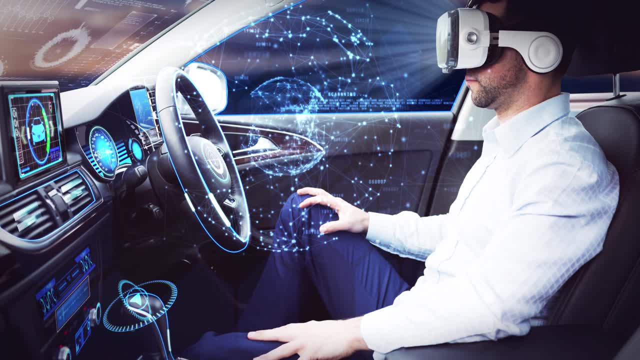 Animation of network of connections over businessman wearing vr headset in self driving car