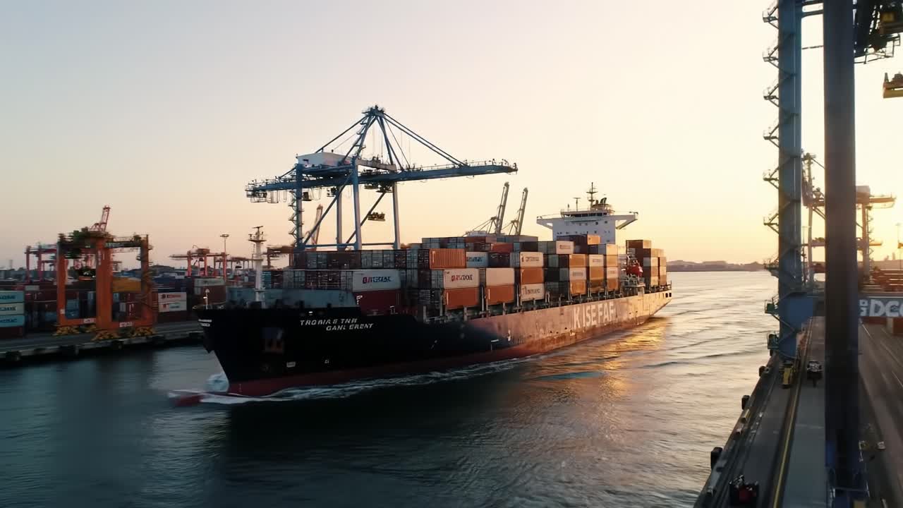 A Cargo Ship Navigating through a Busy Port at Sunset, Capturing the Essence of Maritime Trade and Logistics in a Colorful, Dynamic Environment