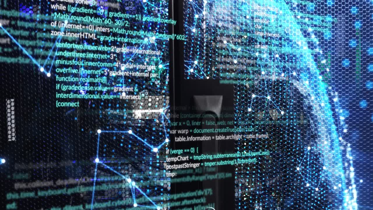 Animation of data processing and shapes over server room