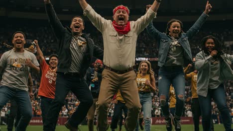 group of excited fans celebrating in stadium jumping for joy with enthusiasm, dressed in casual attire and cheering together in a thrilling atmosphere