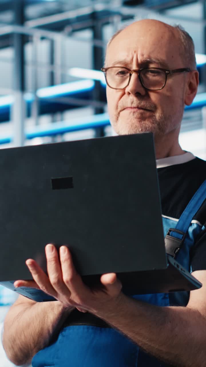 Vertical video Elderly engineer uses laptop in smart factory to test automated systems