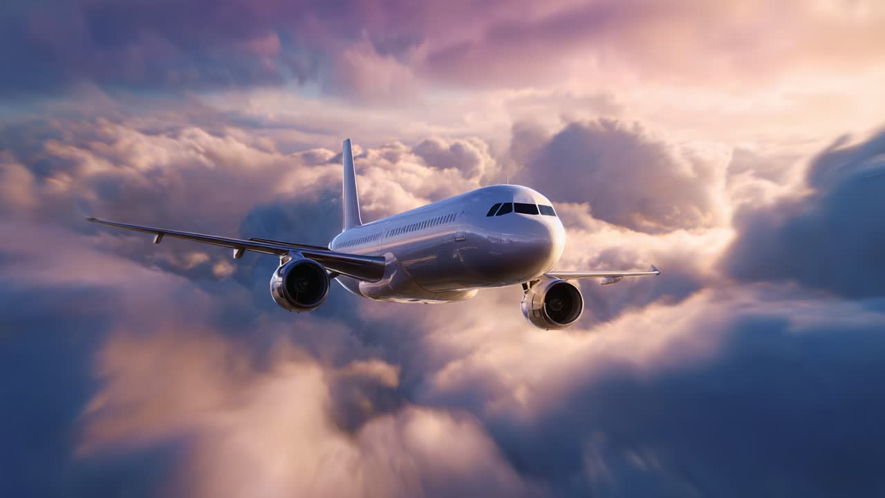Aereo che vola tra splendide nuvole colorate al tramonto nel cielo, catturando l'essenza del viaggio e dell'avventura in un orizzonte sconfinato