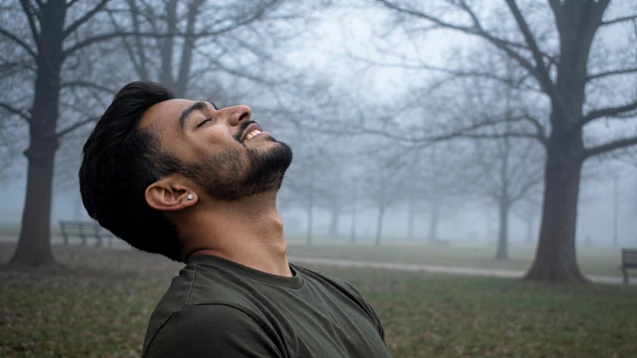 Uomo indiano adulto che respira, inclina la testa all'indietro e sorride in un parco nebbioso con panchine, indossando una maglietta color oliva.