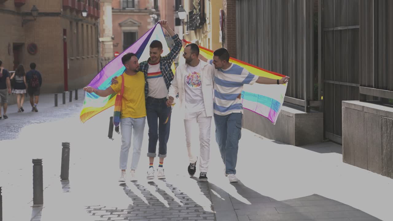 Celebrating Pride: A Group of Friends Walking with a Rainbow Flag