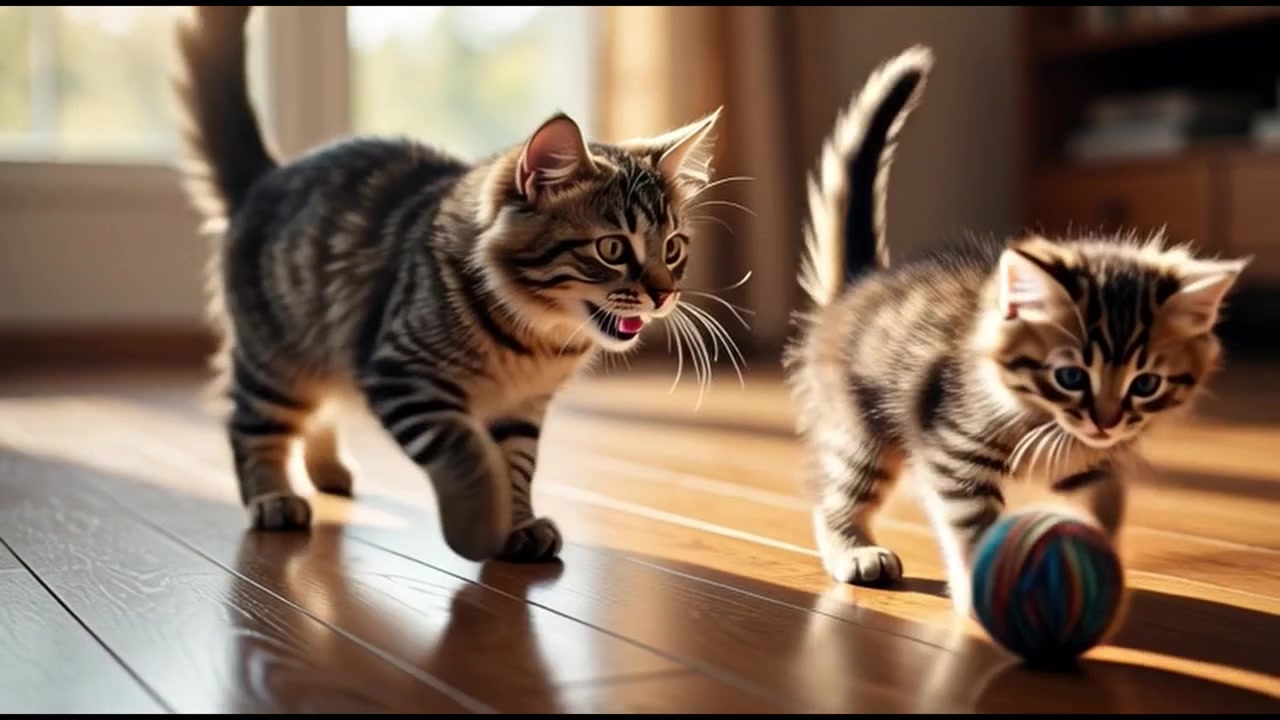 Due gattini tigrati che giocano con un gomitolo di lana su un pavimento di legno.