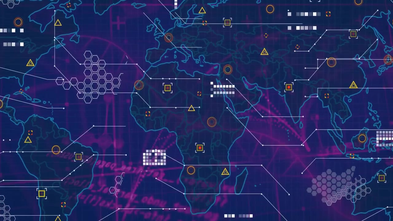 Opening closeup showing neonblue map expanding, connecting lines, emerging hex grids, pulsing icons