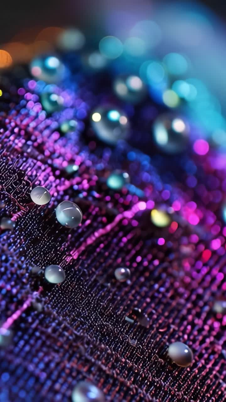 Close-up View of Colorful Fabric with Droplets: A Stunning Display of Vibrant Texture and Glimmering Water Beads, Capturing the Beauty of Light and Color