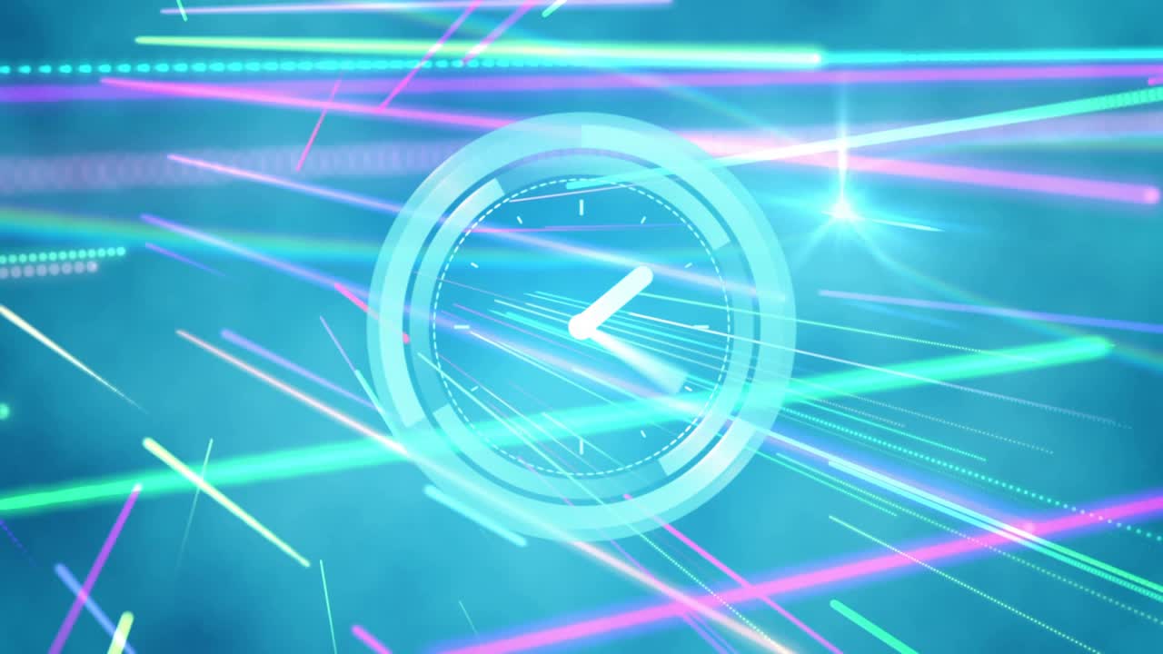 Diagonal neon streaks sweeping from upper-left, clock rotating and rings pulsing to show time flow