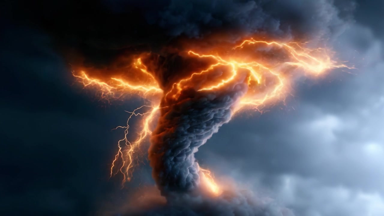 Et fascinerende skue af naturens raseri: En snoende, elektrificerende tornado omgivet af ildevarslende skyer og betagende lynnedslag.